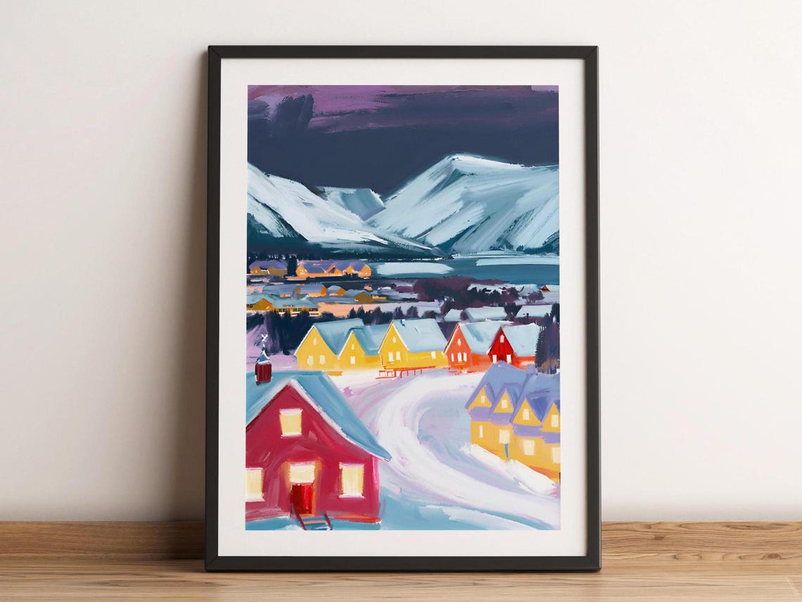 Snowy Norwegian Village Poster Colorful Winter Houses Mountain Art