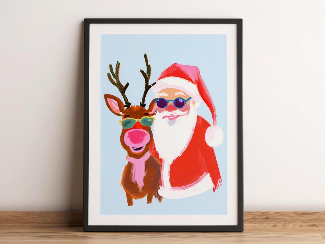 Santa And Reindeer In Sunglasses Fun Pink Christmas Party Poster