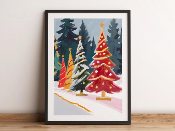 Snowy Christmas Tree Village Colorful Painted Holiday Scene Wall Art