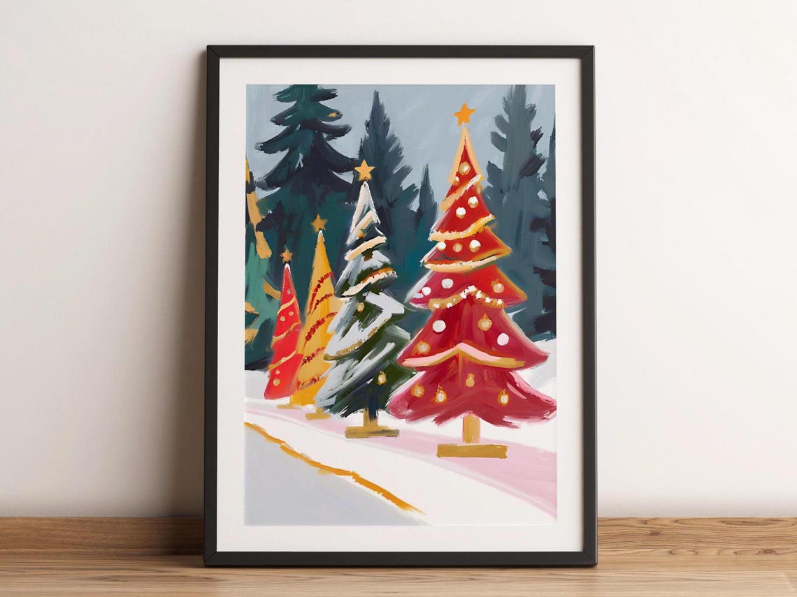 Snowy Christmas Tree Village Colorful Painted Holiday Scene Wall Art
