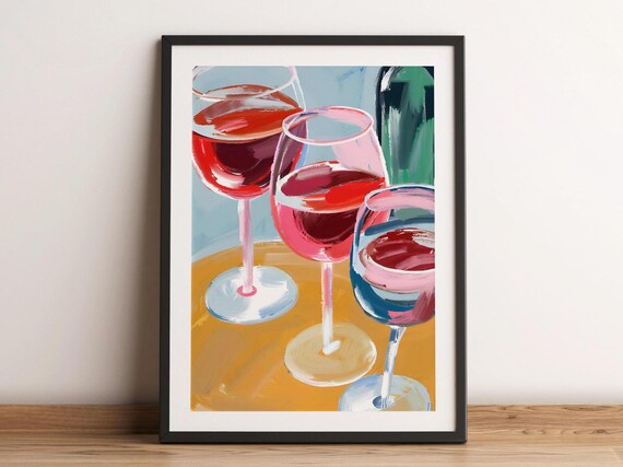 Red Wine Glasses Cheers Retro Bar Cart Kitchen Colorful Painting Poster