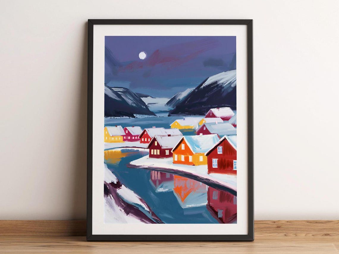 Snowy Northern Fishing Village Poster Winter Night Moon Fjord