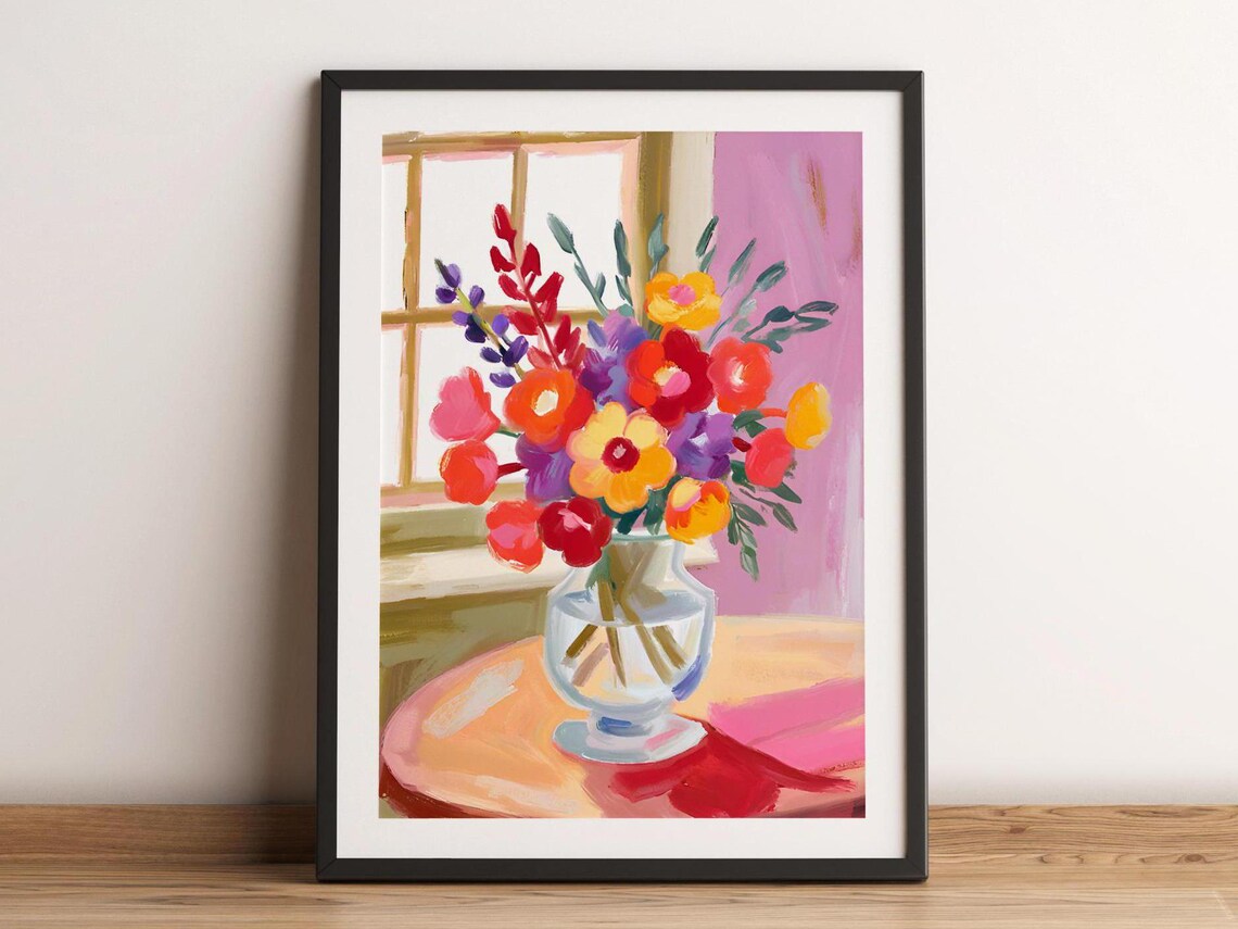Colorful Wildflower Bouquet Glass Vase Pink Wall Cheerful Art Poster