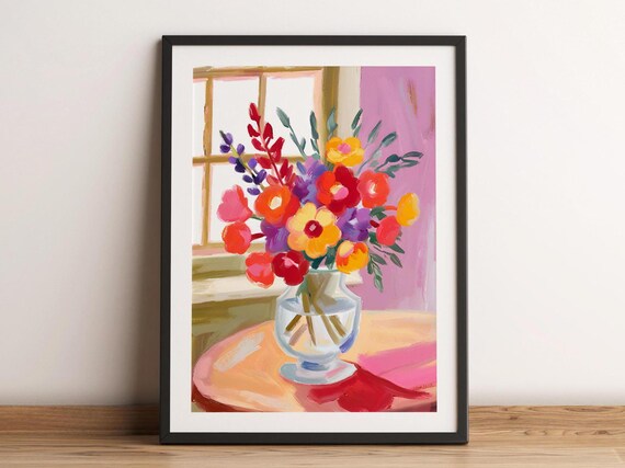Floral In Vase Oil Painting Art Neutral Colorful Home Decor Botanical Flowers Wall Print Pastel Watercolor