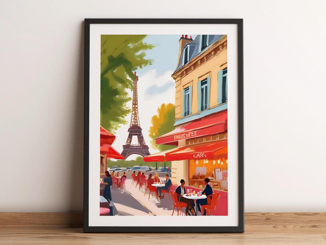 Paris Cafe Eiffel Tower Painting Red Awnings Street Scene French Travel Art Poster