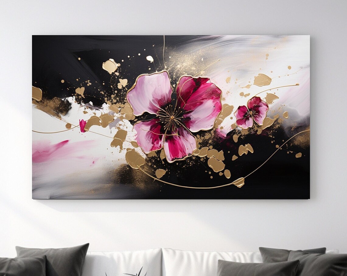 Magenta Flower With Gold Splatter On Black White Floral Art Poster