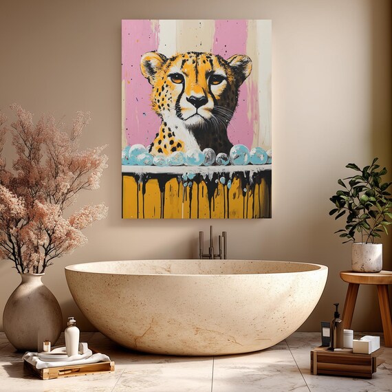 Cheetah Bathroom Wall Art Funny Animal Bathtub Canvas Bold Safari Decor For Playful Jungle Cat Unique Print