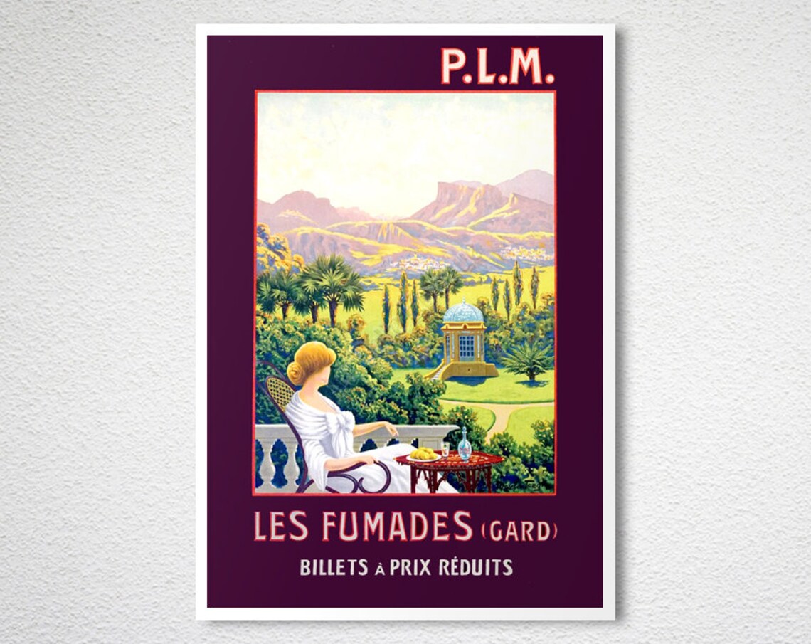 Les Fumades Gard P L M Woman on Terrace Valley View Vintage Poster - Image 2