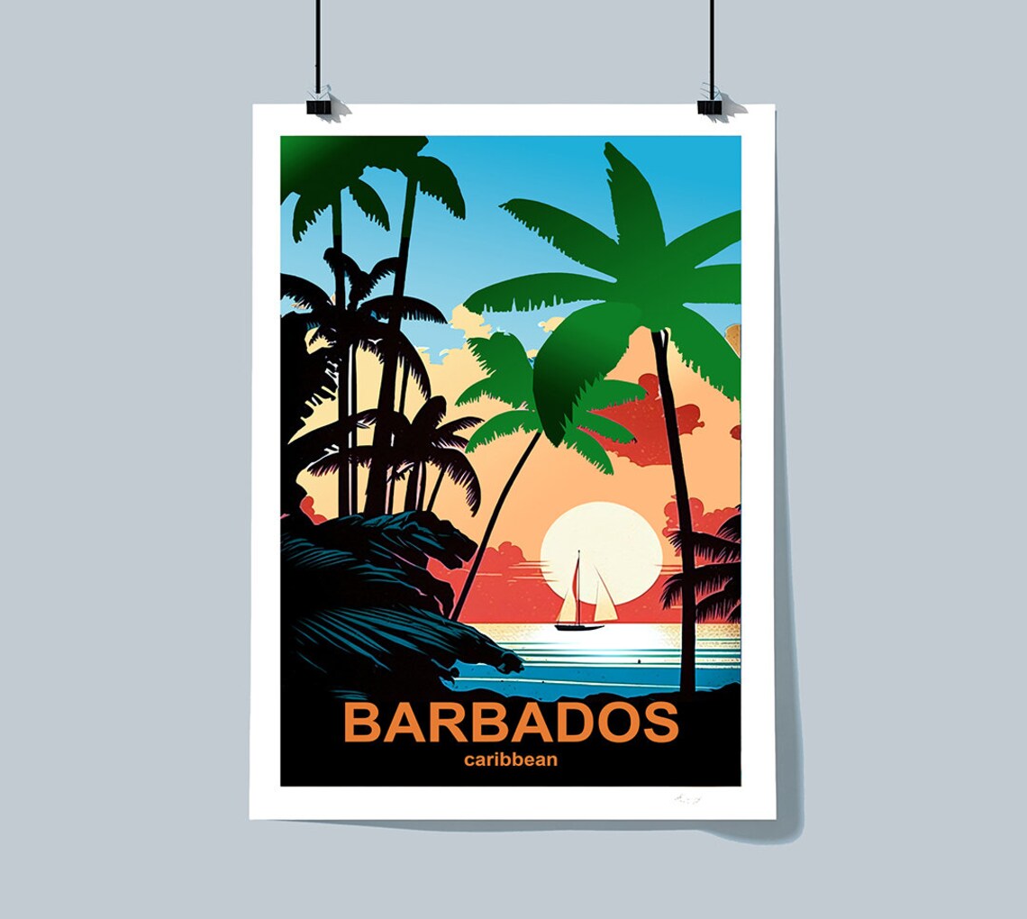 Barbados Caribbean Palm Silhouette Sunset Sail Vintage Island Poster - Image 3