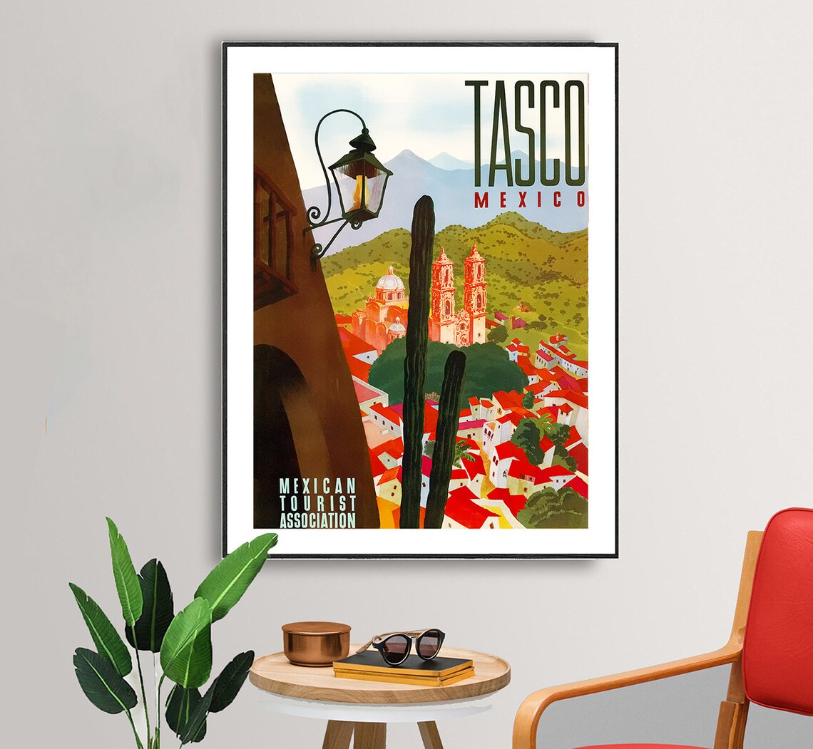 Tasco Mexico Vintage Travel Poster Colonial Town Church Cactus Scene