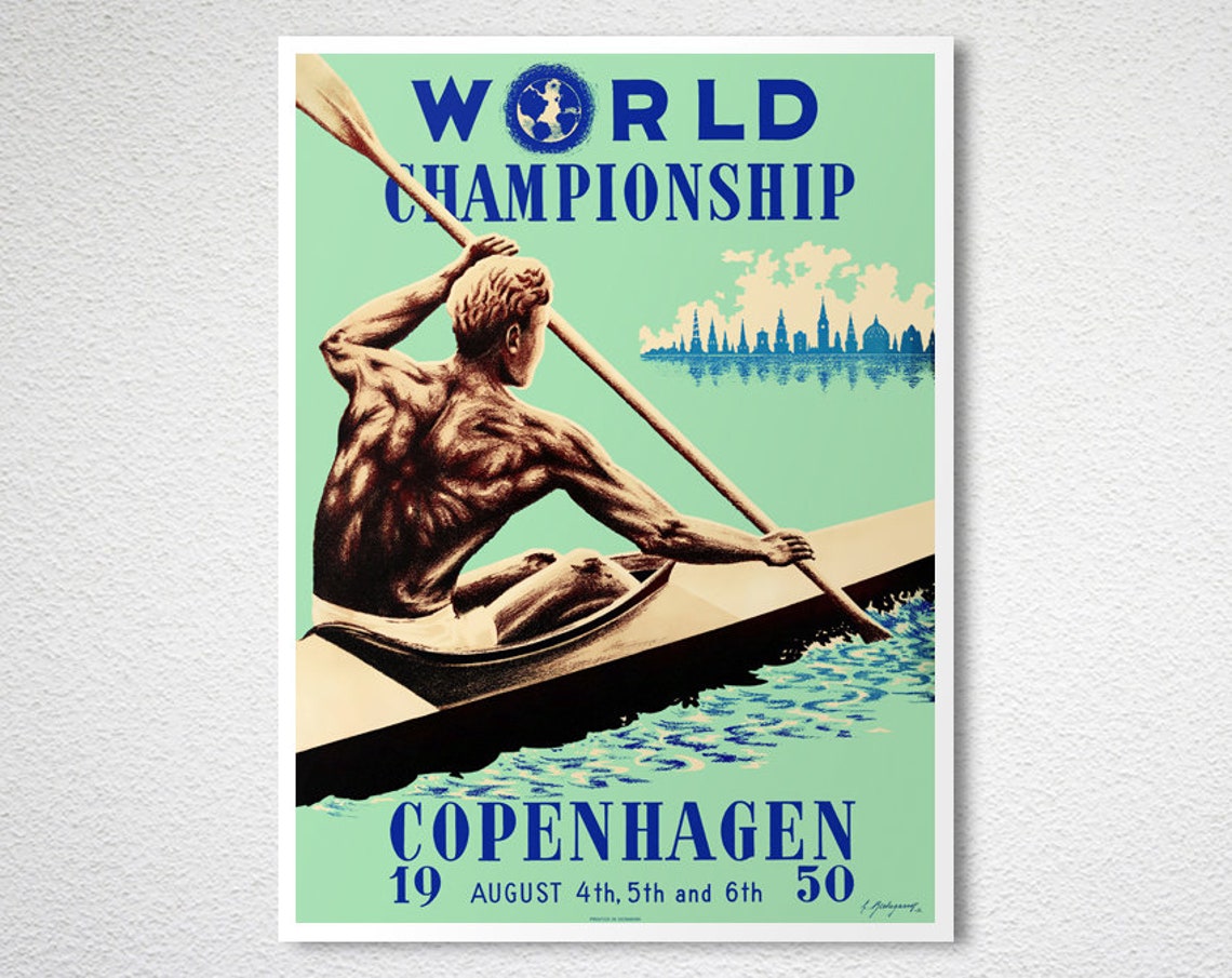 1950 World Championship Kayak Poster Copenhagen Paddler in Action - Image 2