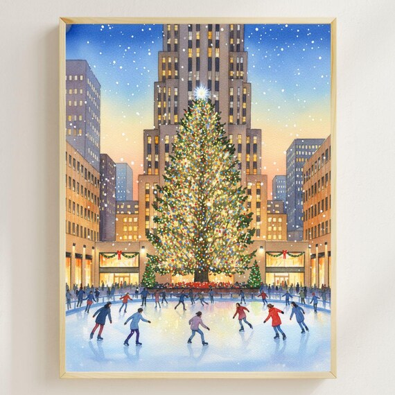 Rockefeller Center Christmas Tree Lighting Ice Skating Watercolor Poster
