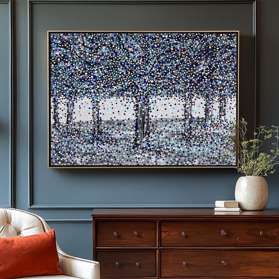 Forest Abstract Art Grayscale Forest With Colorful Dots Modern Wall Art Contemporary Nature Inspired Home Decor Colorful Art