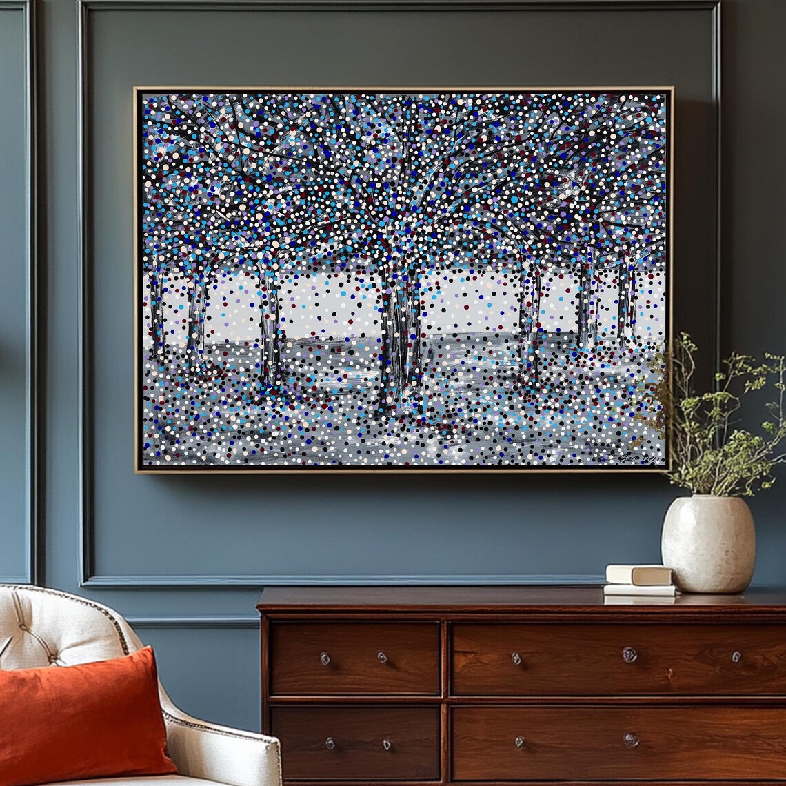 Grayscale Forest Pointillist Dot Poster with Colorful Specks