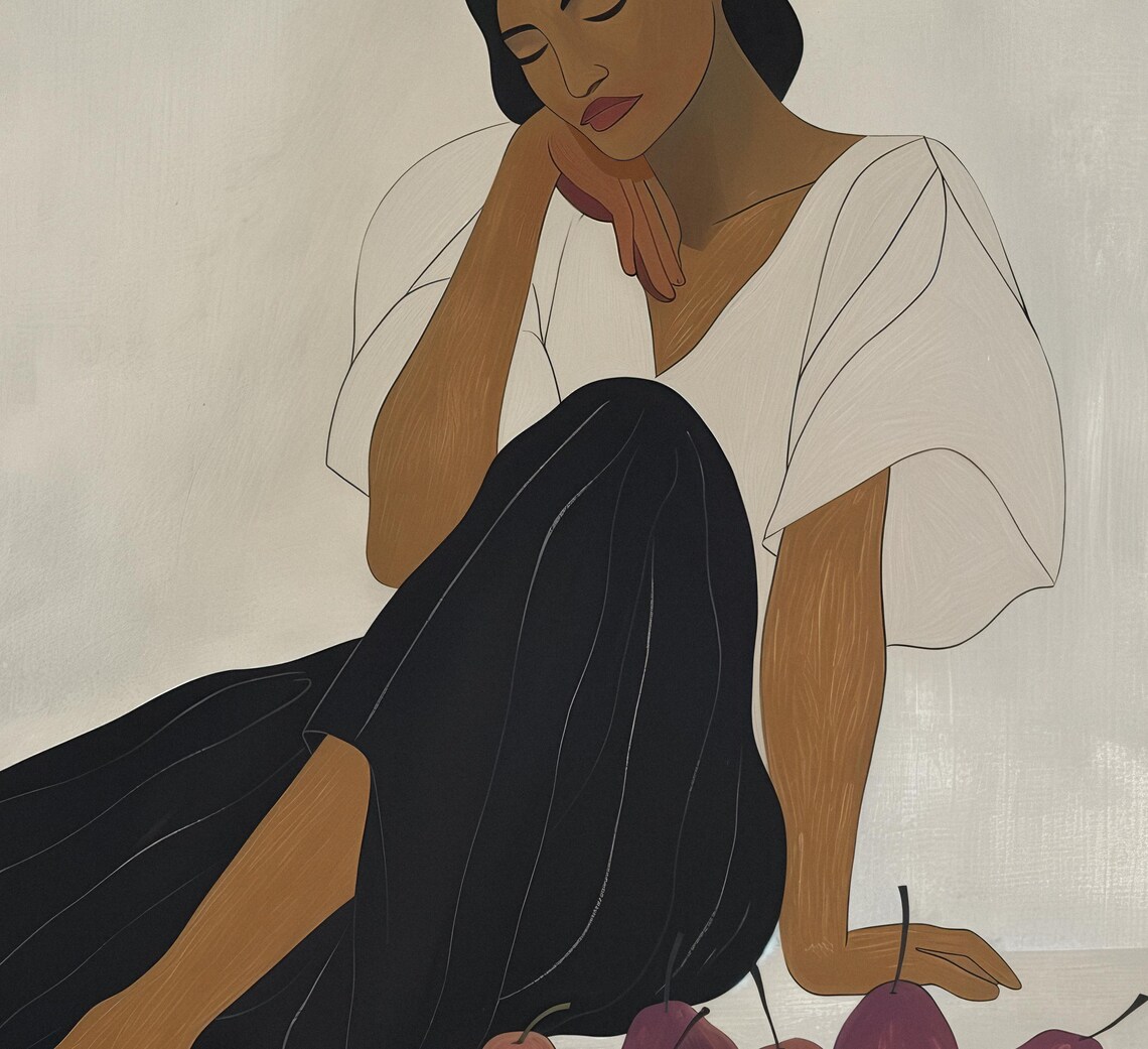 Minimalist Seated Woman with Figs in Earthy Tones Art Poster - Image 3