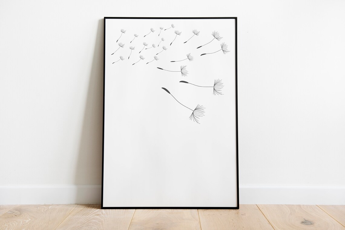 Black and White Dandelion Blowing Seeds Minimalist Art Poster - Image 3