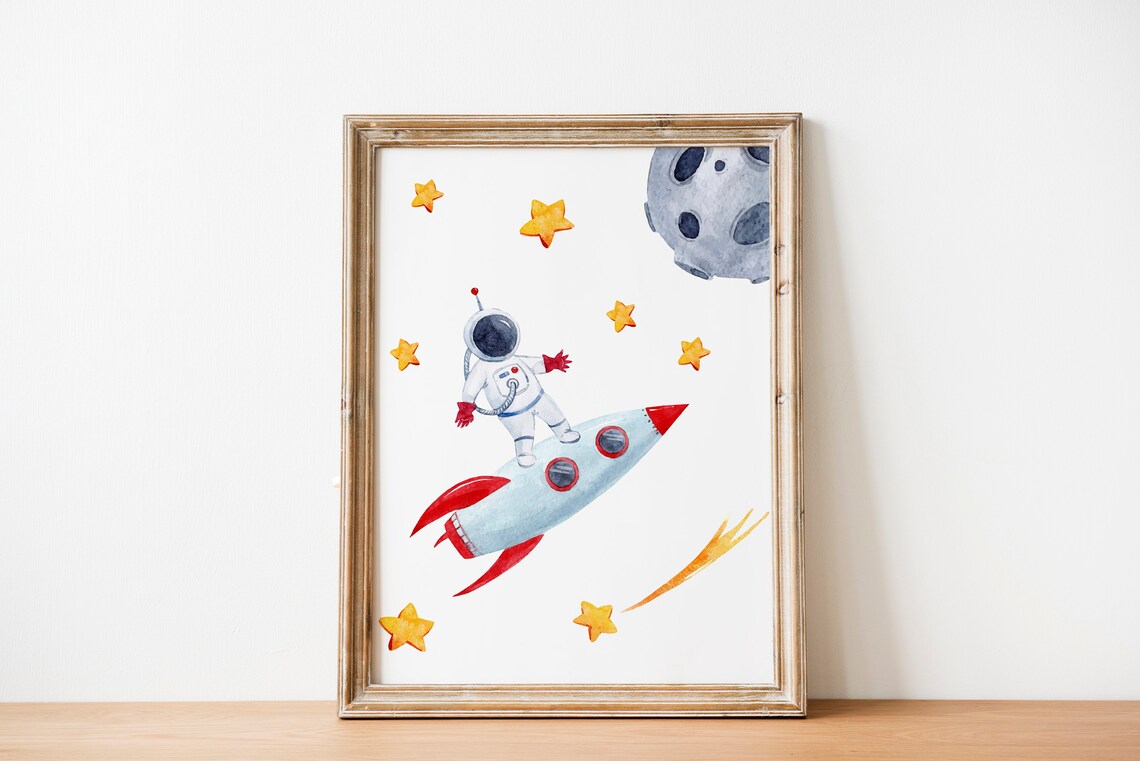 Astronaut Riding Rocket Watercolor Space Kids Room Decor Poster - Image 3