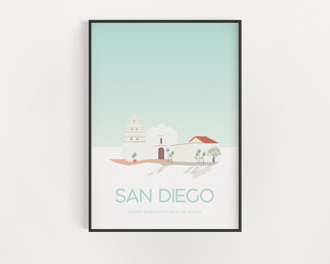 San Diego Travel Poster California Historic Place Print Spanish Architecture Mission Basilica San Diego De Alcal At Daybreak
