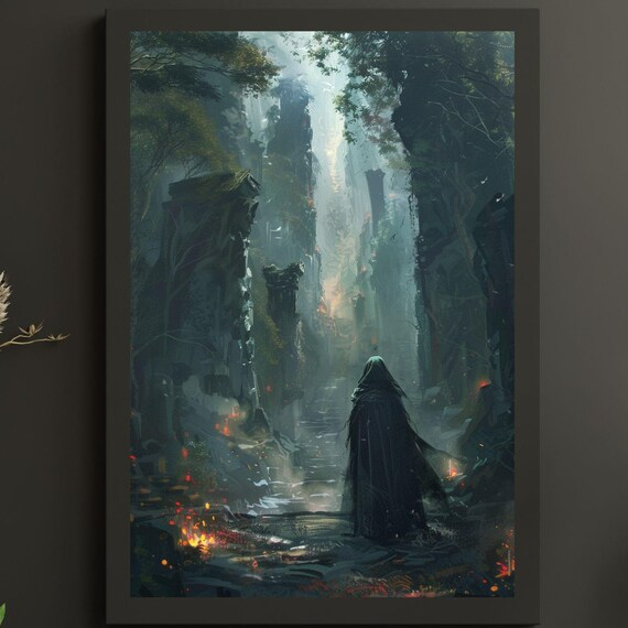 Dark Fantasy Hooded Traveler Wandering Ancient Stone Ruins Poster