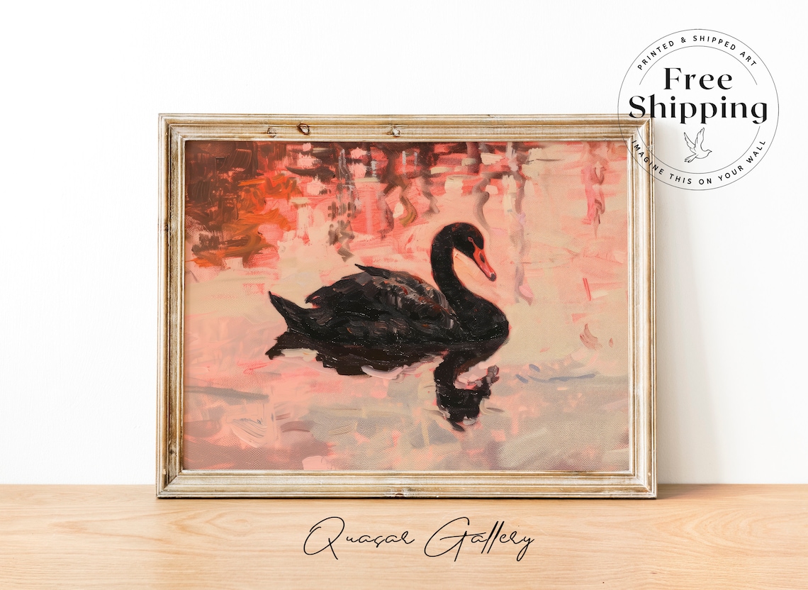 Swan Oil Painting, Preppy Vintage Bedroom Decor