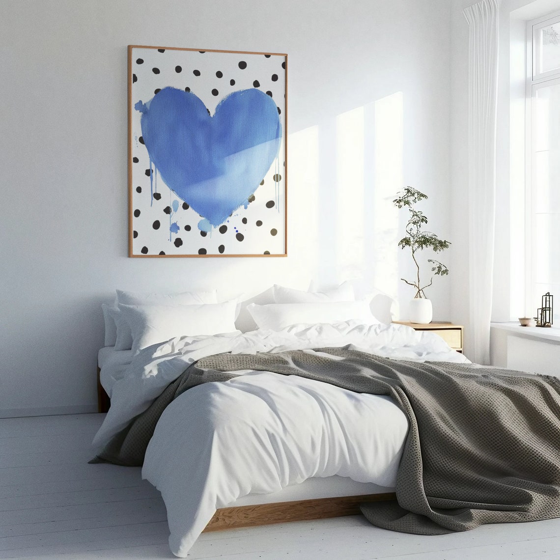 Large Blue Watercolor Heart on Black Polka Dots Abstract Poster - Image 3