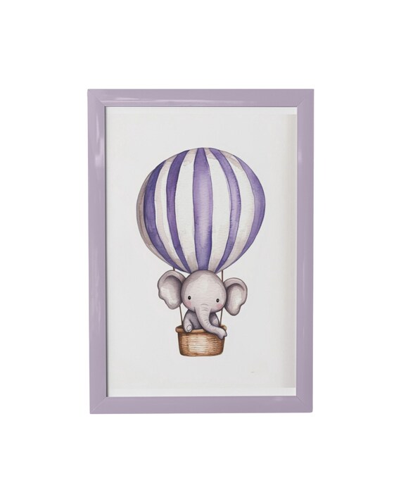 Purple Striped Hot Air Balloon With Baby Elephant Nursery Poster