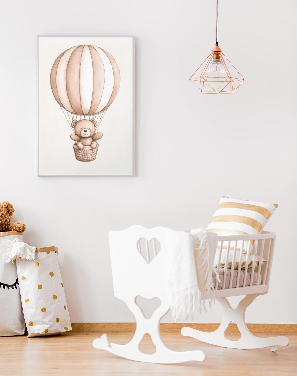 Teddy Bear in Neutral Hot Air Balloon Watercolor Nursery Print - Image 2