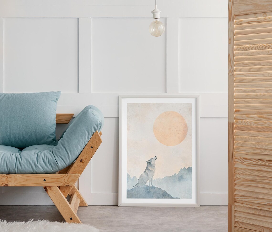 Howling Wolf Under Large Moon Misty Mountain Watercolor Poster - Image 3