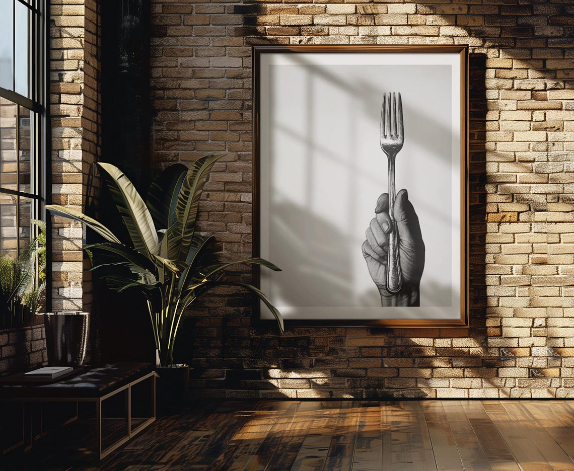 Hand Holding Vintage Fork Upright Minimalist Black White Art Poster - Image 3