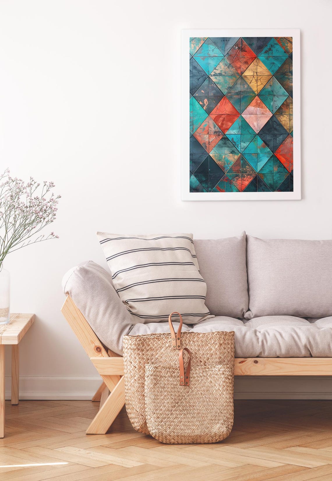 Abstract Geometric Wall Art Print Mosaic Pattern Poster Modern Home Decor Teal Red Gold Art Minimalist Decor Print - Image 3