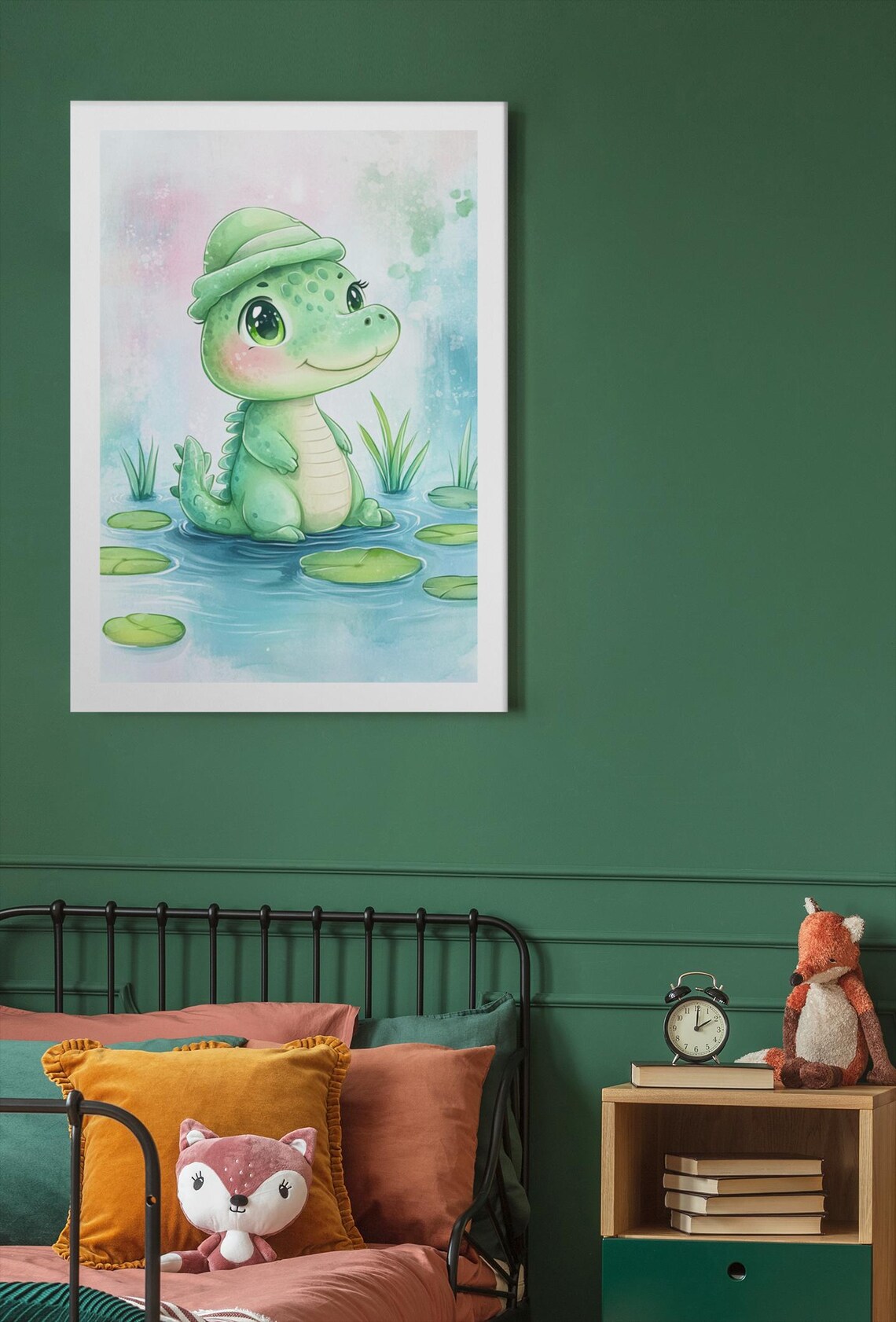 Playful Baby Crocodile In Pond Watercolor Nursery Art Poster - Image 3