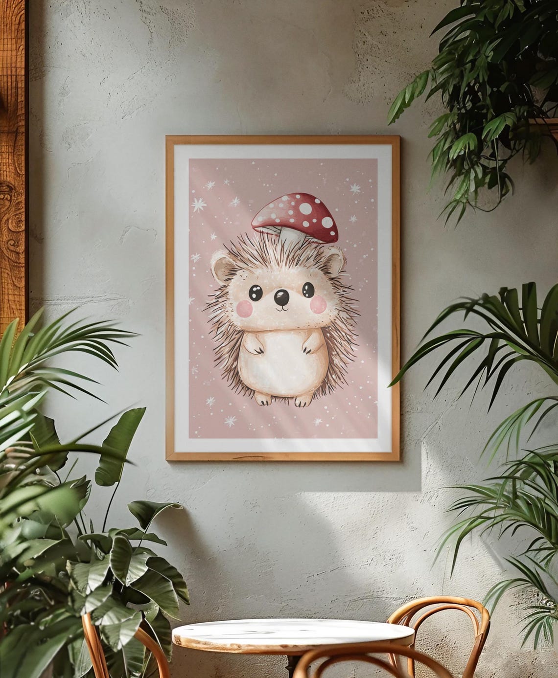 Cute Hedgehog With Mushroom Cap Sparkling Pink Nursery Poster