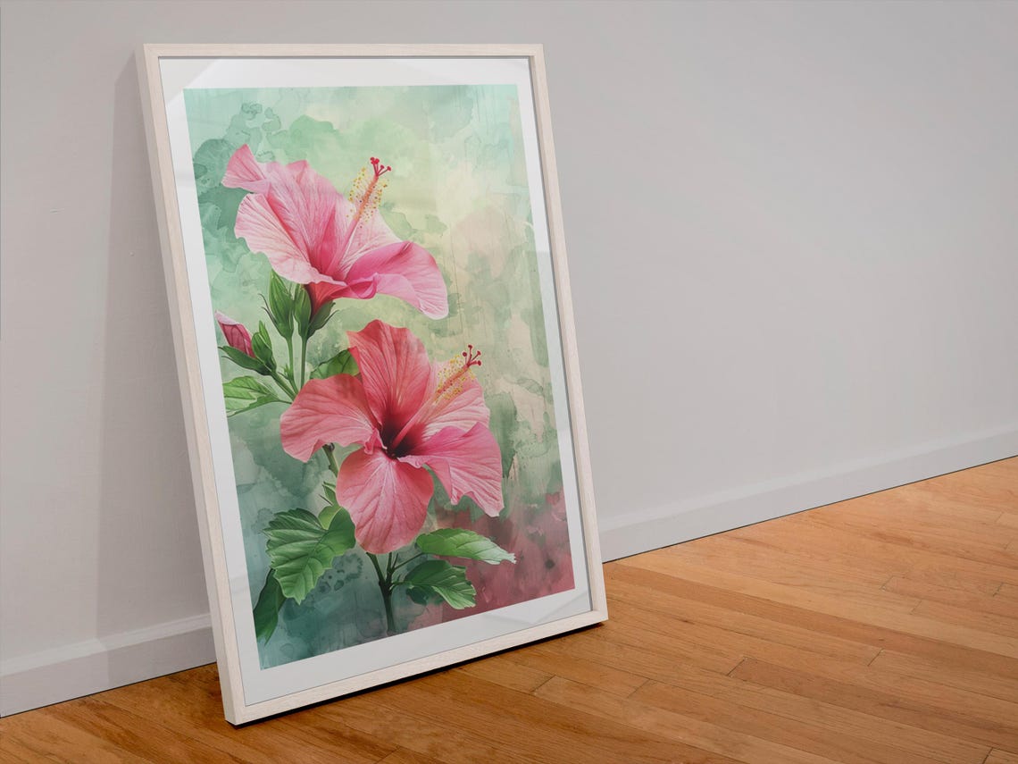 Pink Hibiscus Blossoms Watercolor Tropical Floral Garden Poster