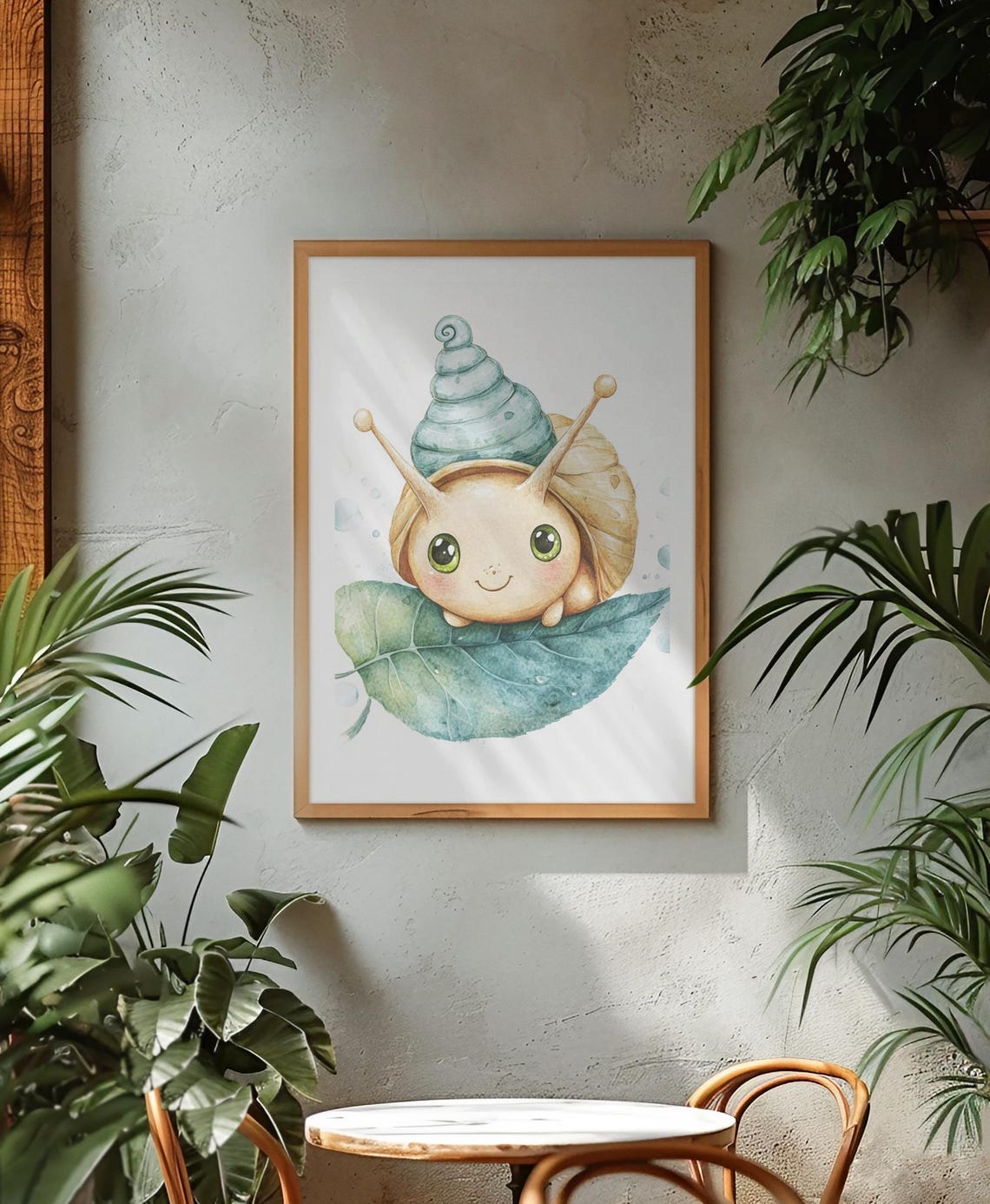 Adorable Snail On Green Leaf Watercolor Garden Nursery Poster