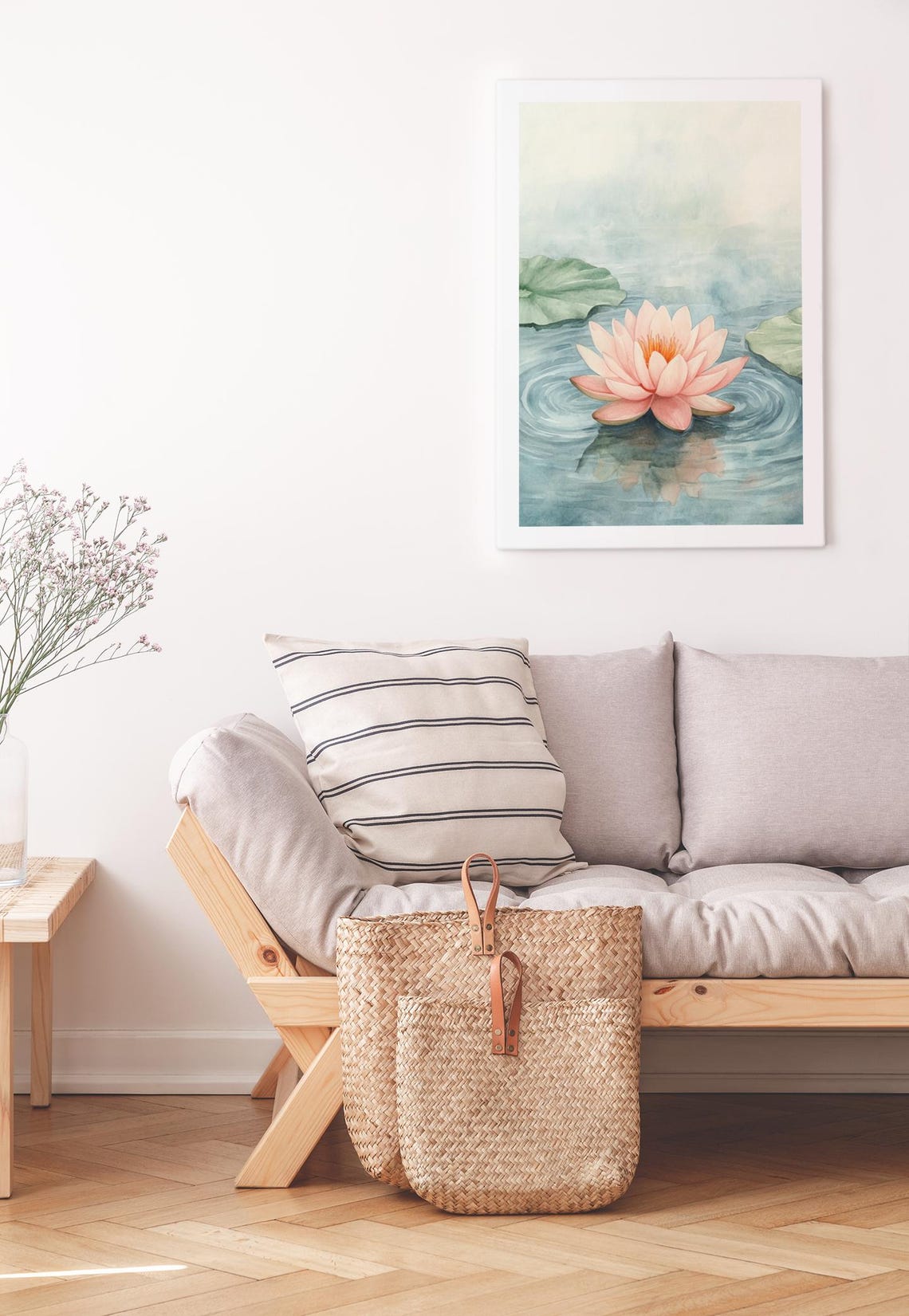 Pink Water Lily Floating on Blue Pond Watercolor Floral Poster - Image 3