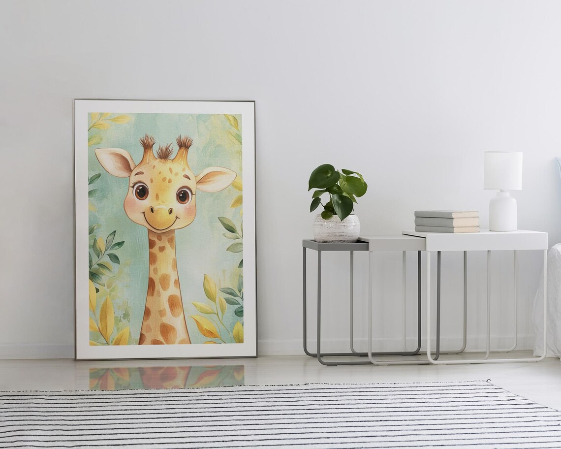 Cute Watercolor Giraffe In Leafy Foliage Nursery Kids Art Poster - Image 4