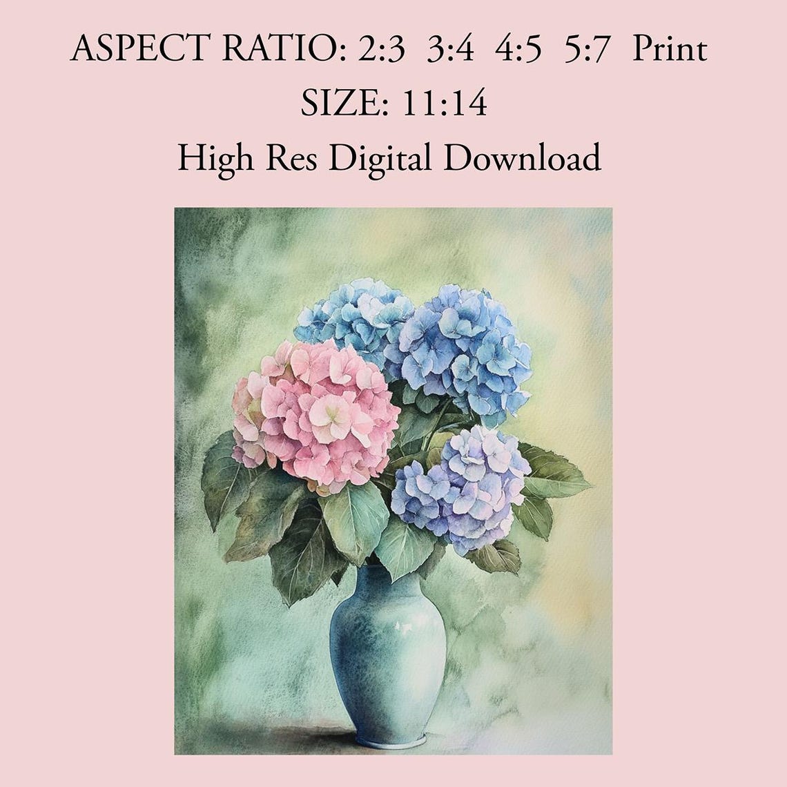 Hydrangea Watercolor In Blue Vase Pink Blue Floral Home Poster - Image 2
