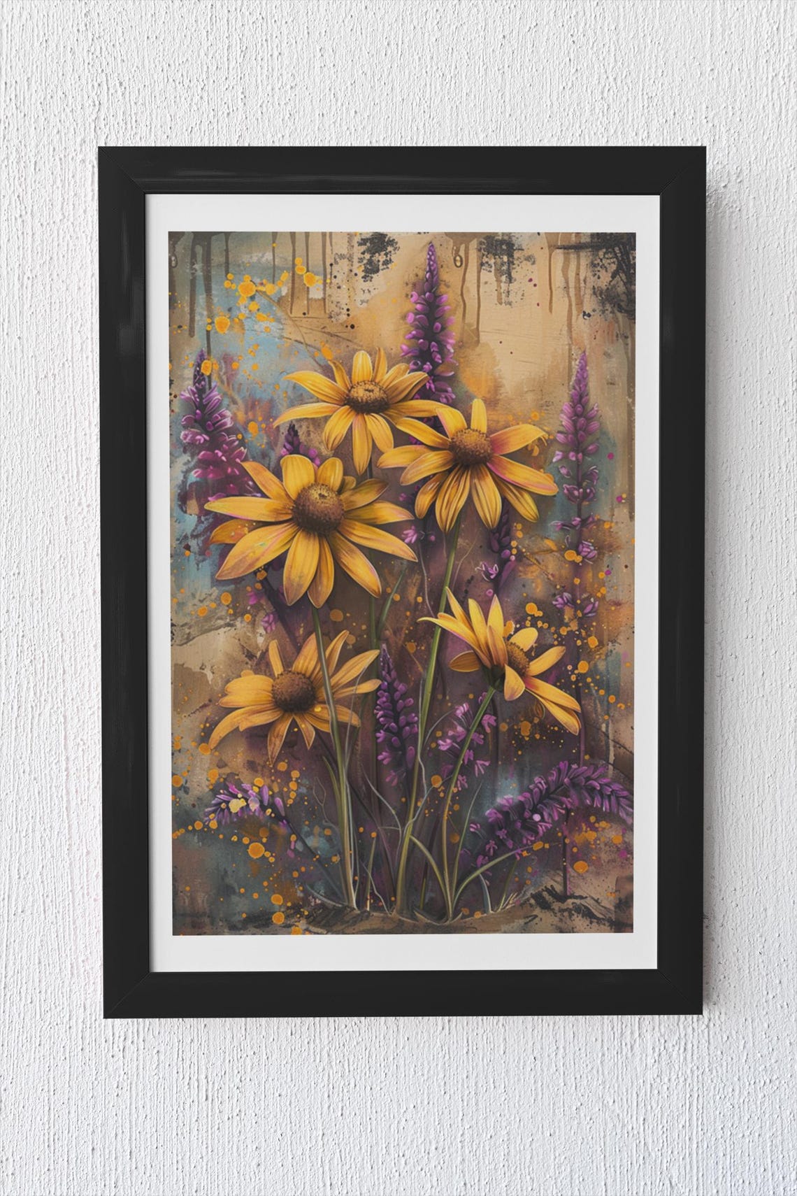 Sunflowers With Purple Lavender Rustic Watercolor Floral Poster - Image 2