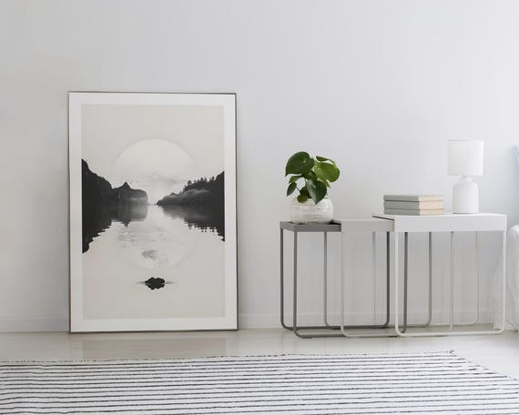 Misty Lake Wall Art Print Black And White Surreal Landscape Minimalist Nature Decor Serene Wall Art Mountain Lake Art