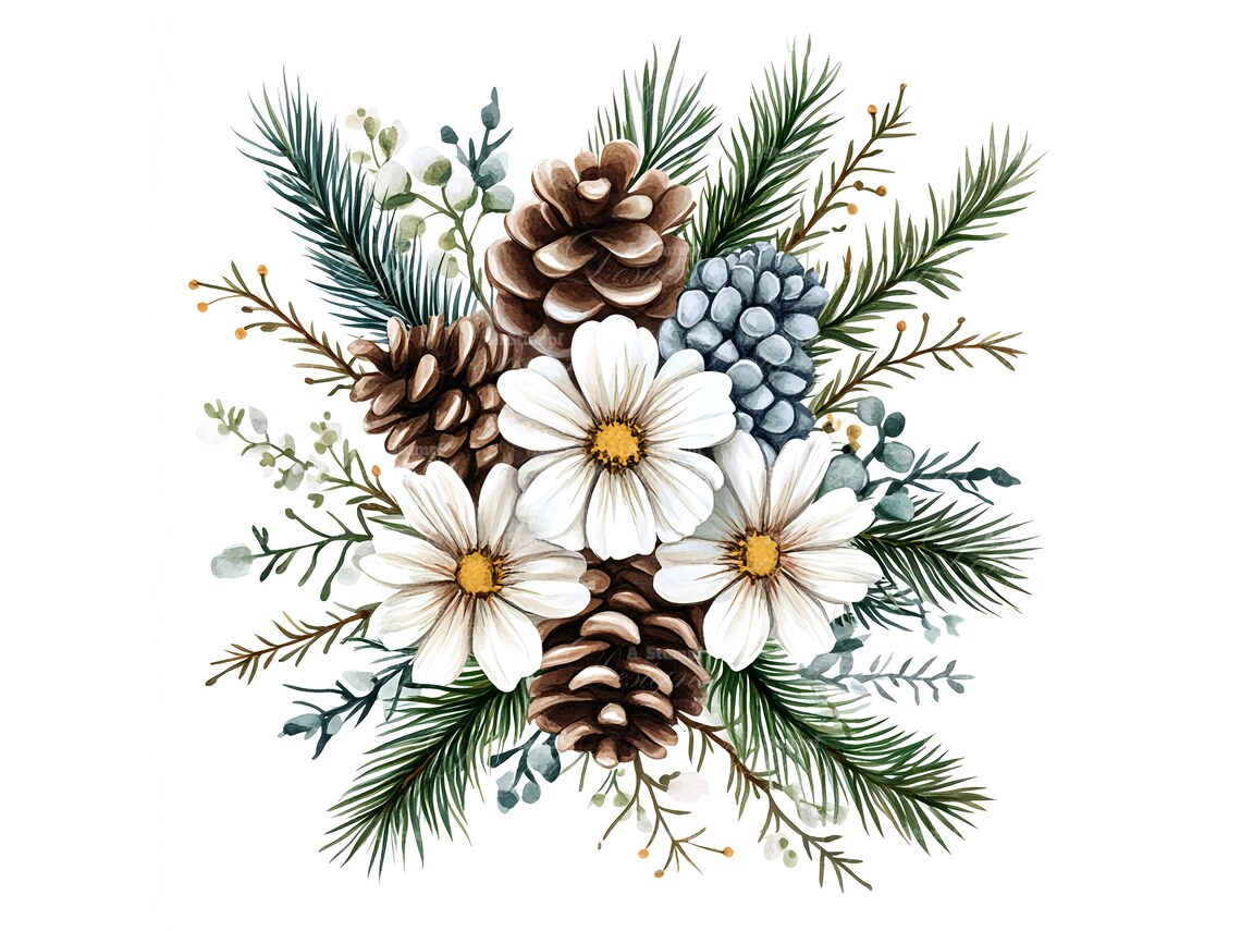 Christmas Pinecone Bouquet Watercolor Holiday Floral Home Decor Poster - Image 2