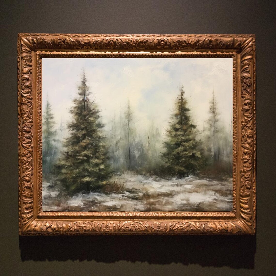 Misty Pine Forest Snow Quiet Winter Landscape Painting Poster - Image 3