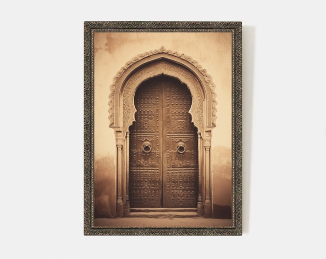 Moroccan Arched Studded Door Sepia Architectural Photo Poster - Image 3