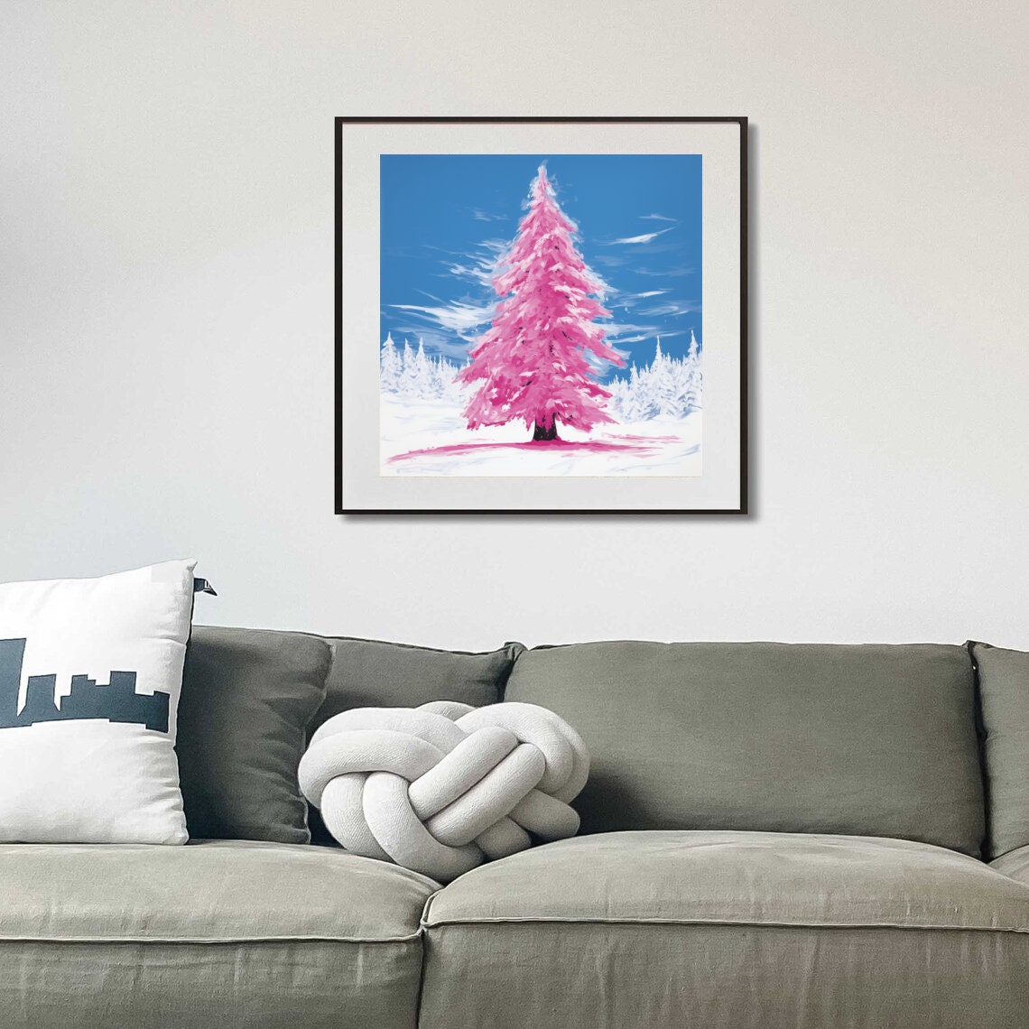 Pink Christmas Tree Pop Art Winter Snow Scene Colorful Poster - Image 2