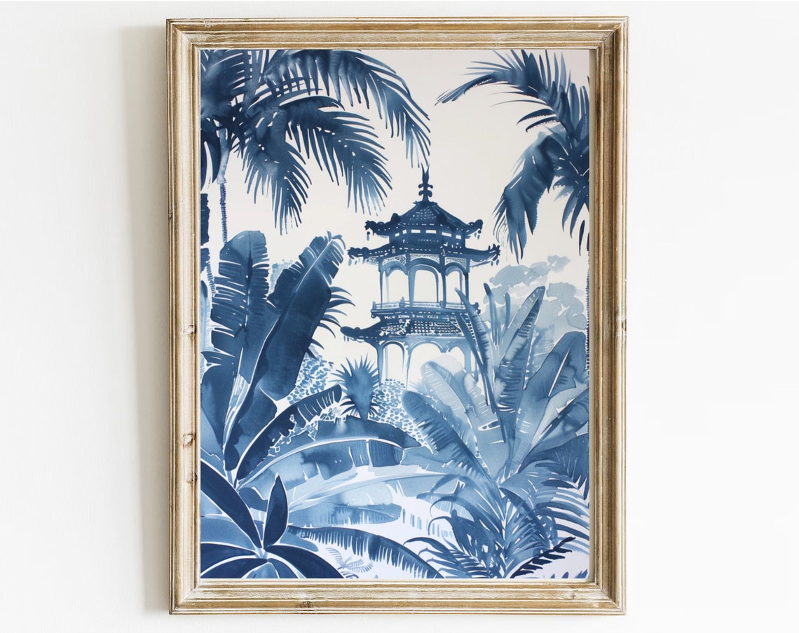 Blue Pagoda Palm Trees Chinoiserie Watercolor Botanical Wall Art - Image 3