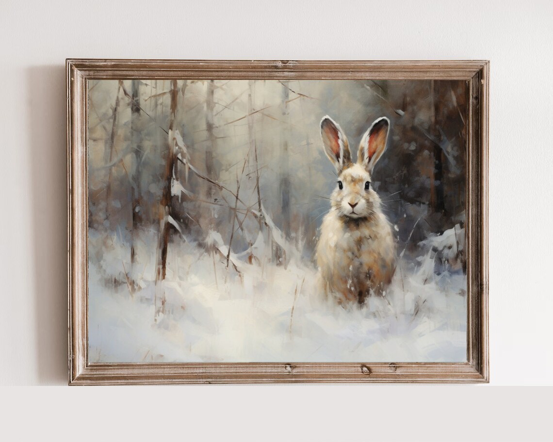 Winter Hare In Snowy Forest Vintage Oil Painting Rabbit Art Poster