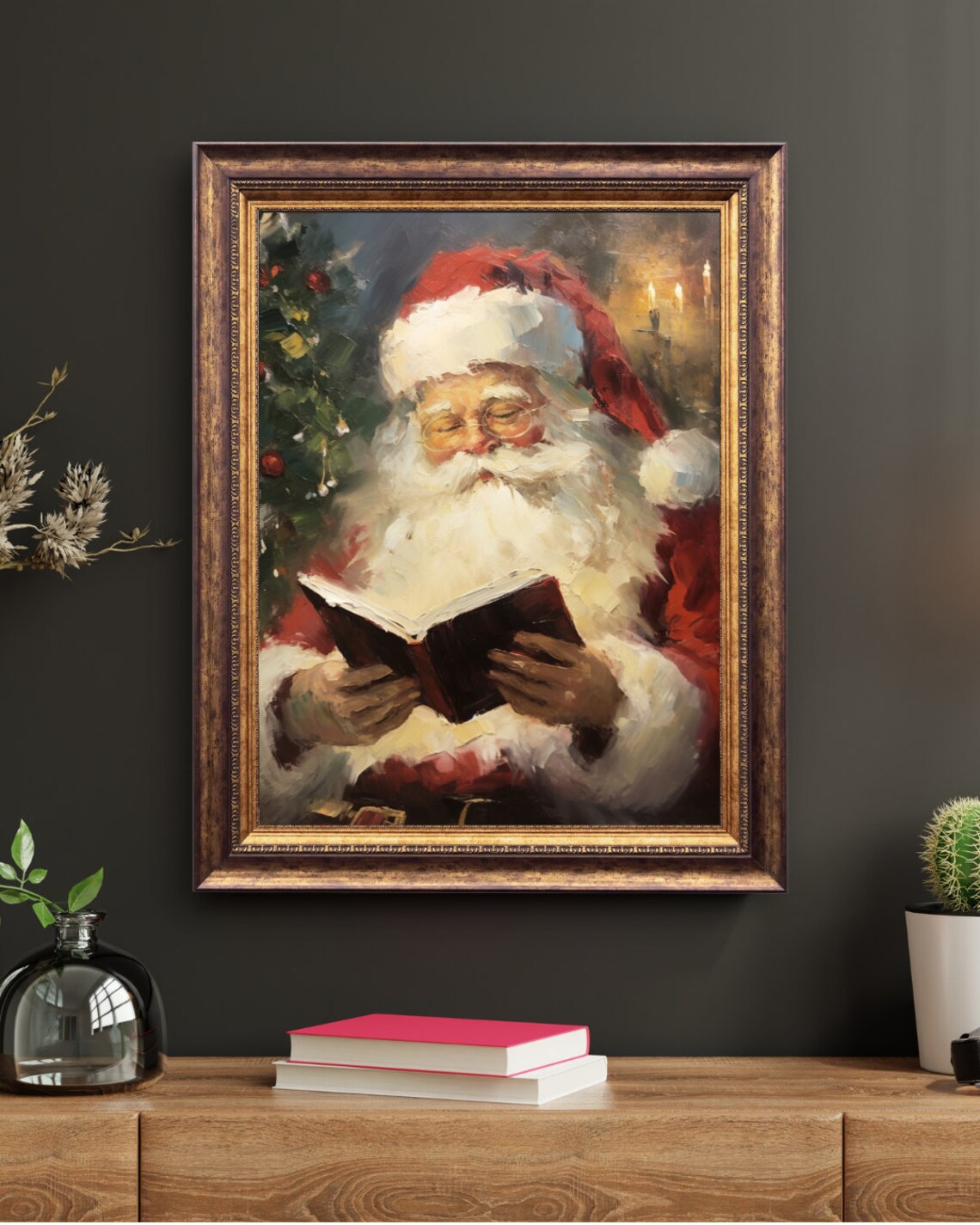 Santa Claus Reading A Book Vintage Oil Painting Christmas Night Poster - Image 2