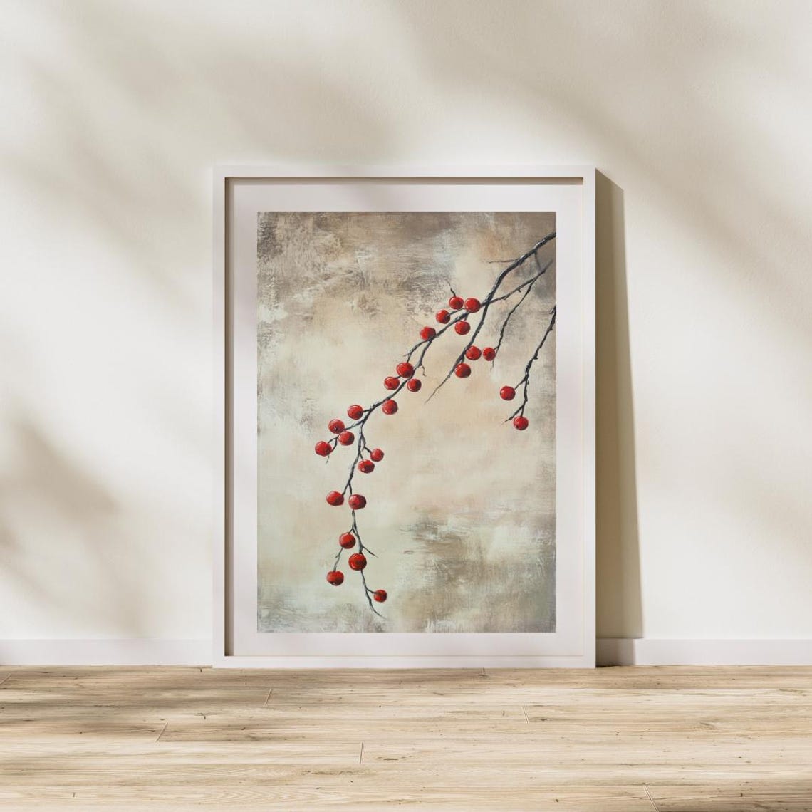 Red Winter Berry Branch On Beige Textured Vintage Style Art Print - Image 4