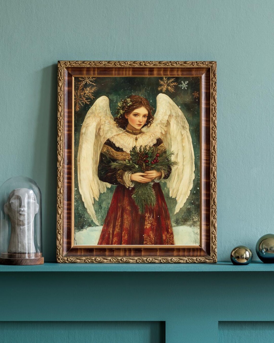 Vintage Christmas Angel White Wings Holly Berries Holiday Poster - Image 2