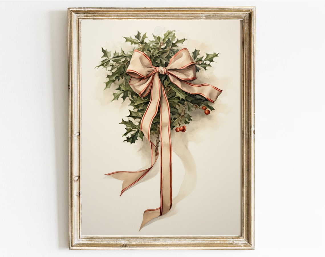 Holly Sprig With Beige Satin Bow Berries Vintage Christmas Art Print