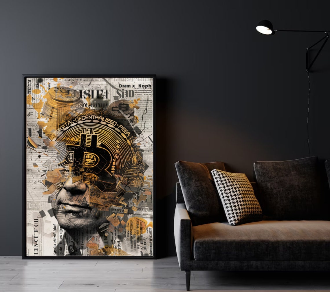 Bitcoin Newspaper Collage Crypto Currency Office Decor Art Print - Image 3